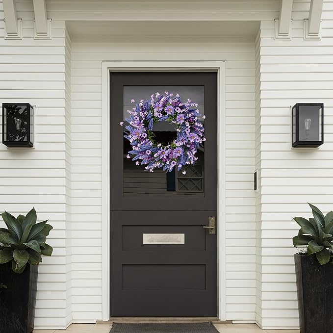 Sggvecsy Lavender Wreath for Front Door 22 Inch - Purple Daisy Spring Summer Artificial Wild Flower Greenery Leaves for All Seasons - Farmhouse Home Wall Indoor Outdoor Window Decor