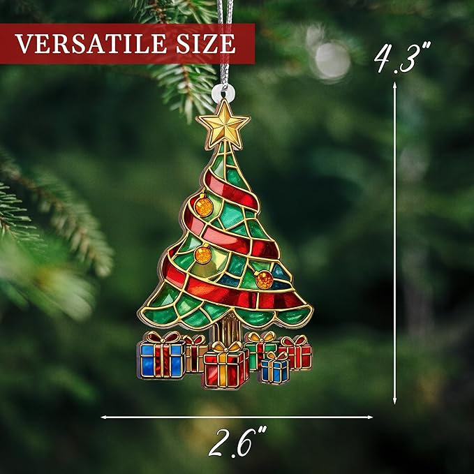 2025 Christmas Ornaments, Christmas Tree Ornaments Acrylic, Faux Stained Glass Effect White Elephant Gifts Exchange, Unique Suncatcher Xmas Stocking Stuffers for Women, Men (Gift Tree)