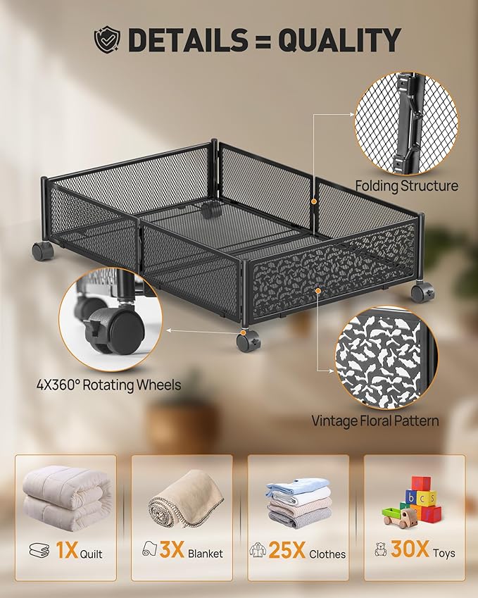 Under Bed Storage With Wheels, 4 Pack Foldable Pattern Carved Metal Under Bed Storage Containers, 60L Rolling Underbed Storage, Easy Assembly Under The Bed Storage for Shoes, Clothes, Blankets...