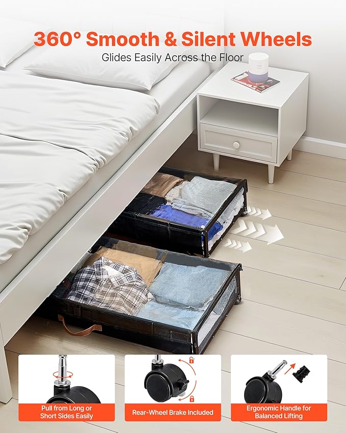 VEVOR Under Bed Storage with Wheels, 36.0 x 18.1 x 7.3 inch, Underbed Containers with Clear Lid, Underbed Shoe Organizer, Rolling Under the Bed Storage Bins for Clothes Shoes Blankets Bedroom, 2 Pack