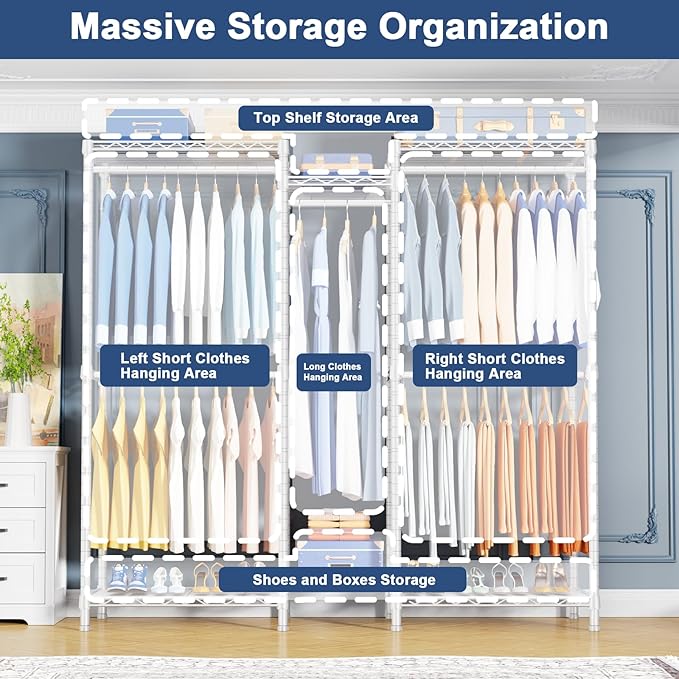 Ulif E12 Clothes Rack，Heavy Duty Freestanding Garment Rack with Shelves，Metal Clothing Closet Storage System for Hanging Clothes，57.1" W x 16" D x 76.5" H, Hold 860 lbs，White