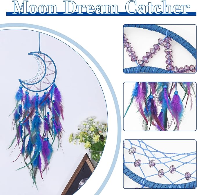 Dream Catcher Wall Decor for Girls With Feathers and Beads Pendant - Handwoven Kit for Bedroom and Living Room Decoration (Blue Purple)