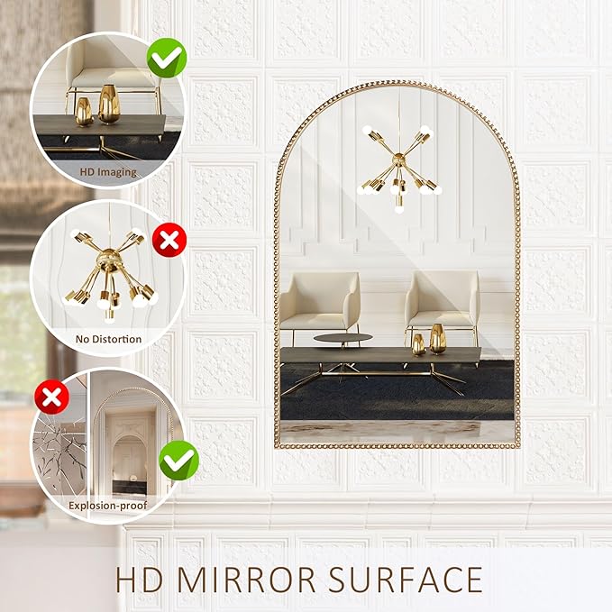 Antique Gold Arched Wall Mirror 20"x30", Ornate Beaded Metal Frame Bathroom Mirror, Vintage Decorative Wall Mirror for Bedroom, Living Room, Entryway, or Vanity Décor