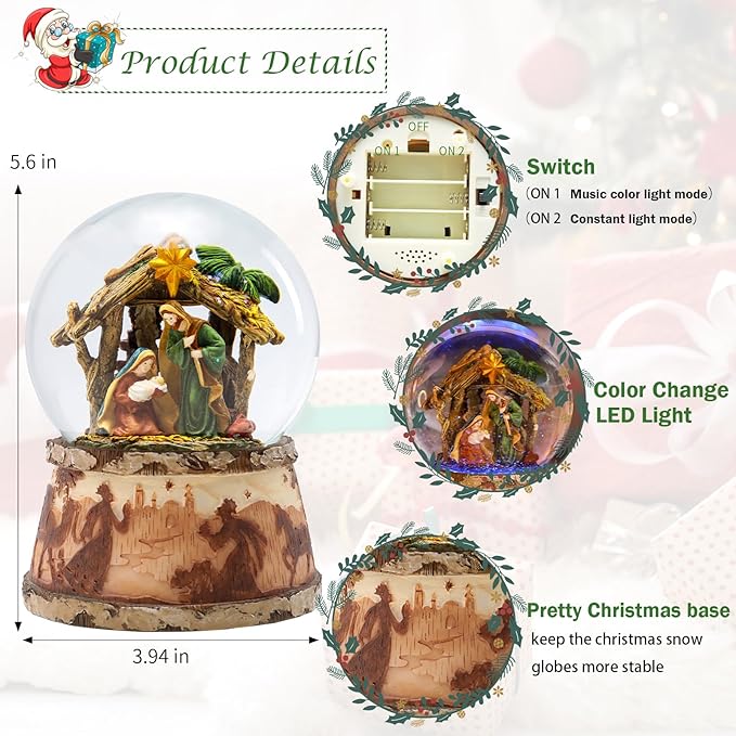 Christmas Snow Globe Musical - Nativity Snowglobes Water Snow Globes with 5 Colors Change LED Light Music Box Home Christmas Decor for Kids Wooden