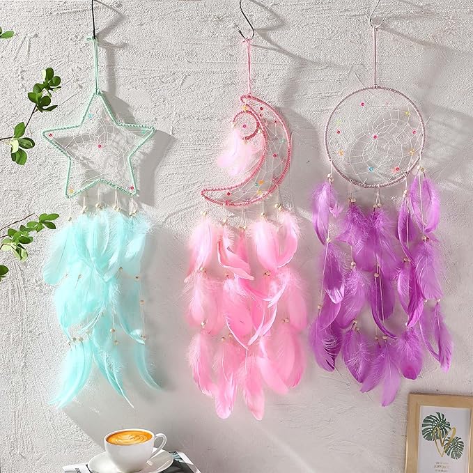 Jetec 3 Pcs Dream Catcher Moon Sun Star Design Handmade Traditional Design Craft Ornament Wall Art Hanging Home Decoration Bedroom Wedding(Sweet Color)