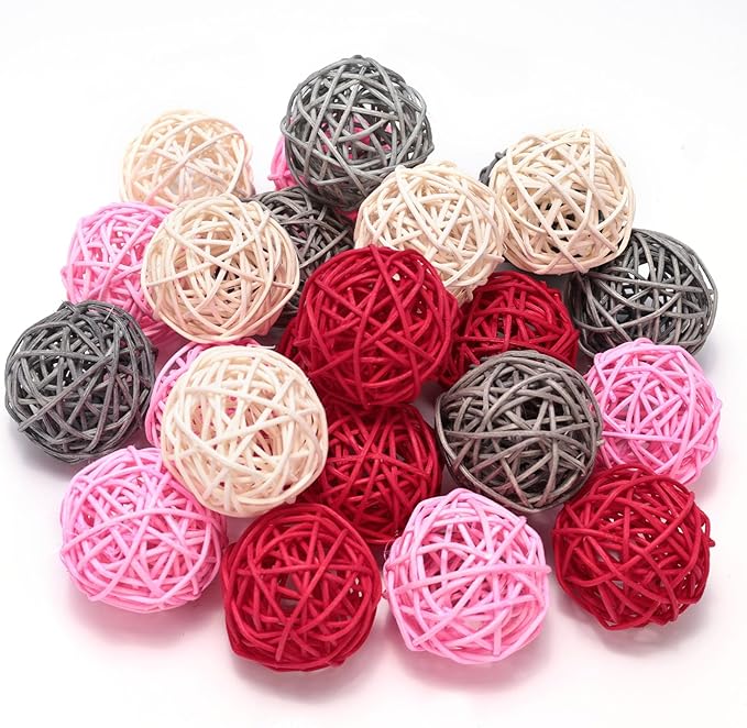 DomeStar 24PCS Pink Rattan Balls Decorative Balls for Bowl Centerpiece, 2 Inches Home Indoor Table Decor - Valentine's Day Tiered Tray Heart Bowl Fillers