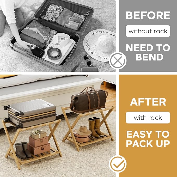 Fully Assembled Luggage Racks Pack of 2, Bamboo 26.77" Folding Luggage Rack Stand for Guest Room, 5 Nylon Straps, Suitcase Stand with Storage Shelf for Bedroom Hotel, Heavy Duty, Natural