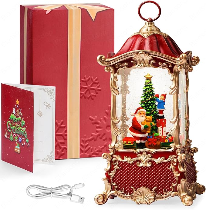 Snow Globes Lantern Home Decor Accent for Child Santa Claus Tree Auto Snowfall Glitter Music Collection with 6H Timer USB/Battery Powered 12.5 inch