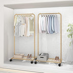 Simple Trending Standard Clothes Garment Rack, Clothing Rolling Rack with Mesh Storage Shelf on Wheels, Golden Yellow