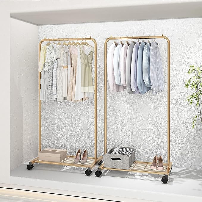 Simple Trending Standard Clothes Garment Rack, Clothing Rolling Rack with Mesh Storage Shelf on Wheels, Golden Yellow