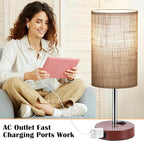 ZJOJO Table Lamp for Bedroom Set of 2, Bedside Small Lamps with 3 Way Dimmable Rocker Switch and AC Outlet, Nightstand Desk Lamp with Gray Fabric Shade Brown Base for Living Room Home Decor Lights