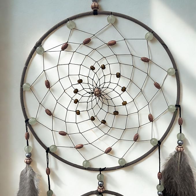 Dream Catchers for Adults with Luminous Beads Dream Catcher with 7 Chakra Handmade Wall Decor with Native Feather Hanging Ornament for Bedroom Brown