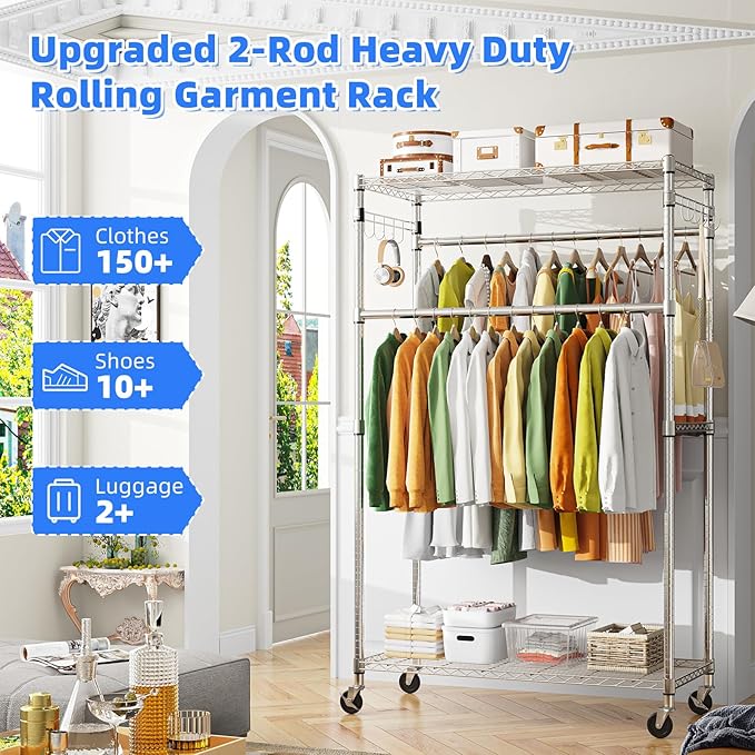 Simple Trending Rolling Clothes Rack, Clothing Rack, Garment Racks for Hanging Clothes, Freestanding Portable Closet Organizer, Heavy Duty, Max Load 450LBS, Chrome