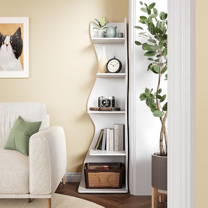 LITTLE TREE 70-Inch Corner Shelf, Seaweed Shaped Etagere Display Bookshelf, Freestanding 5-Tier Wall Shelves for Small Spaces, Bedroom, Living Room, 2 Pack, White