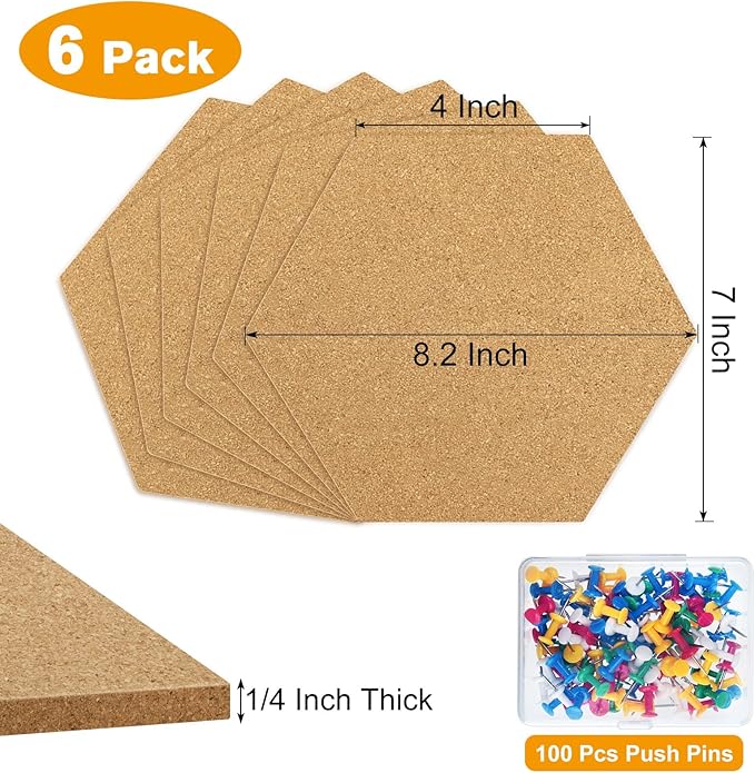 TUPARKA 6 Pack Cork Board Hexagon Bulletin Boards Cork Tiles 8.2"x7" - 1/4" Self-Adhesive Corkboards with 50 Push Pins Mini Wall for Wall Home School Office Decorative