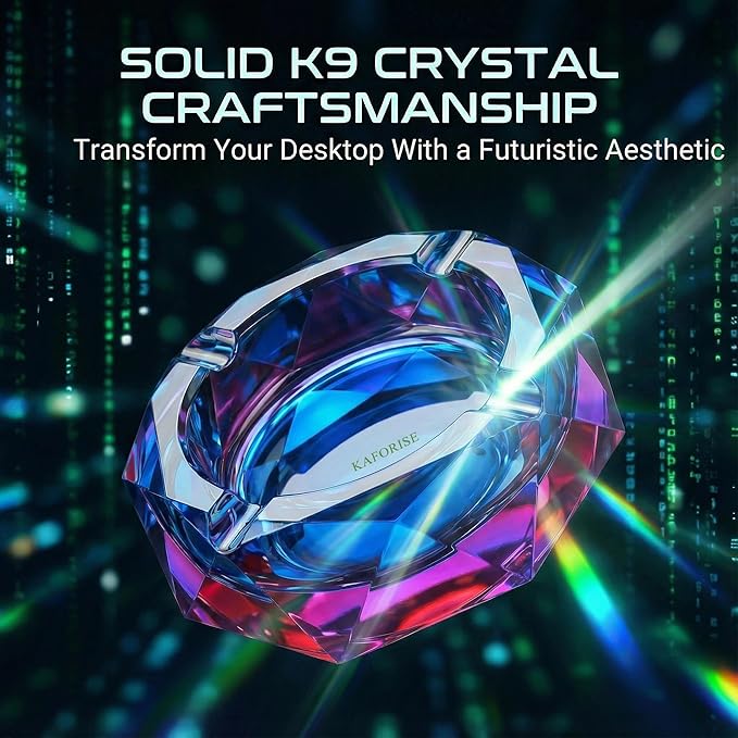 Kaforise Heavy K9 Crystal Ashtray for Cigarettes – Cool Color-Changing Glass Ash Tray for Outdoor Patio & Home Decor – Fancy Geometric Tabletop Accessories, Unique Luxury Gift for Men Smokers (01)