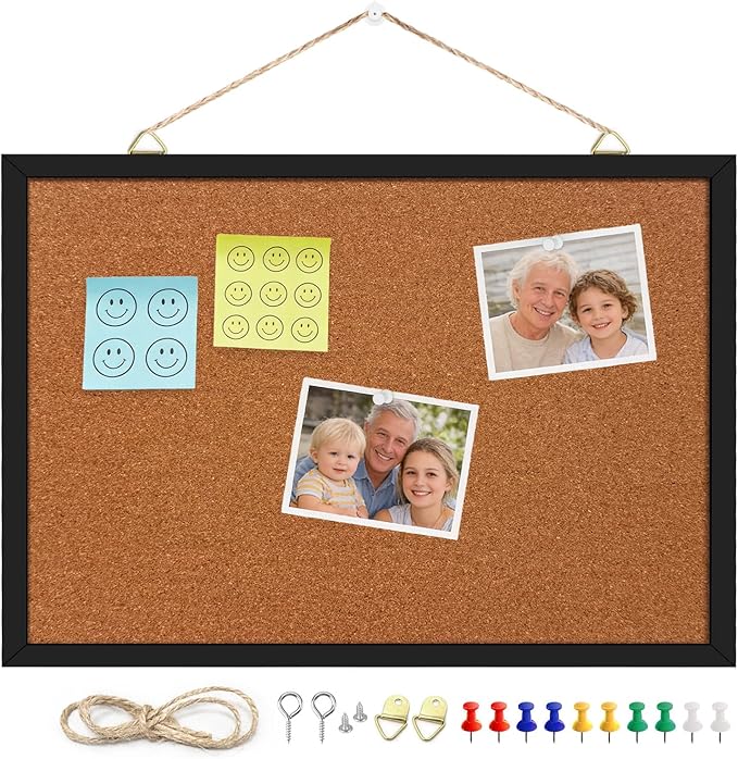 13.3" x 17.7" Cork Board Bulletin Board, Black Framed Corkboard, Oak Frame, Decorative Hanging Pin Board, Perfect for Office & Home Decor, Home School Message Board or Vision Board