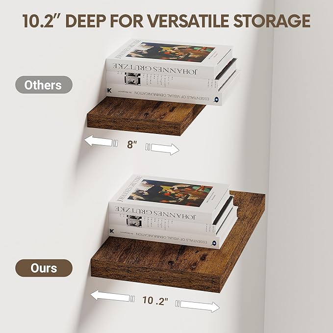 Vivelove 10 Inch Deep Floating Shelves 10 inch Long, 10 x 10 Wide Wall Shelves with Invisible Brackets, for Bedroom Bathroom Living Room Kitchen Office, Farmhouse Home Decor, Set of 2, Rustic Brown