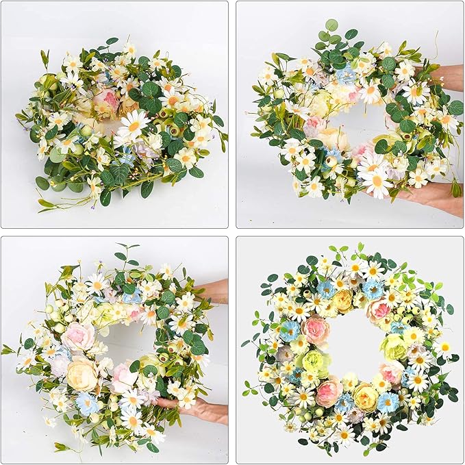 JINGHONG 24” Artificial Flower Wreath,Daisy and Rose Wreath Colorful Spring/Summer Floral Wreaths for Front Door Wall Window and Holiday Festival Party Banquet Wedding Decor