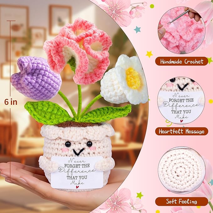 Teacher Appreciation Gifts, Thank You Teachers Gift, End of Year Teacher Gifts, Graduation Birthday Retirement Gift for Teachers Mentor Coworker Boss, Cute Handmade Crochet Carnations 3 Flowers Doll