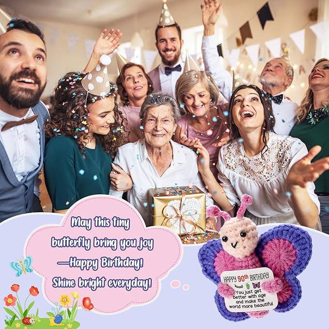 90th Birthday Gifts for Women, Tiny Crochet Butterfly Plush with Pink Purple Wings Holding Positive Note, Happy 90th Birthday Decoration & Gift for 80 Year Old Women