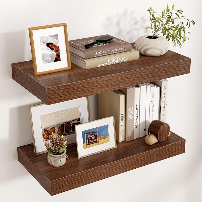 Venusmiles Floating Shelves for Wall, 24 Inch Wide x 12 Inch Deep Floating Shelves, Long Wood Floating Wall Shelf Shelves for Living Room Bathroom Bedroom Kitchen Home - (Walnut, 24" W x 12" D x 2" H)