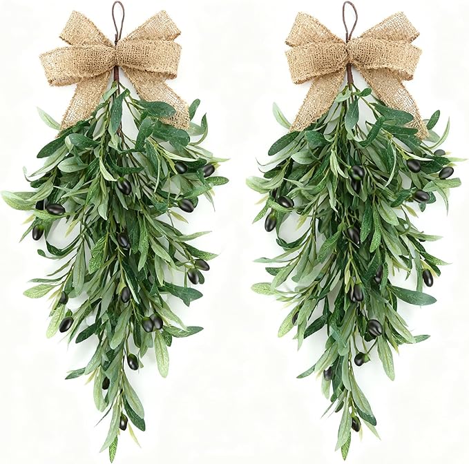 2 PCS Artificial Olive Teardrop Swag 23.6 Inch Large Faux Greenery Olive Branch Swag with UV Resistant Coating, Burlap Bow for Front Door Kitchen Cabinet Wall Lush Farmhouse All Seasons Decor