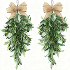 2 PCS Artificial Olive Teardrop Swag 23.6 Inch Large Faux Greenery Olive Branch Swag with UV Resistant Coating, Burlap Bow for Front Door Kitchen Cabinet Wall Lush Farmhouse All Seasons Decor