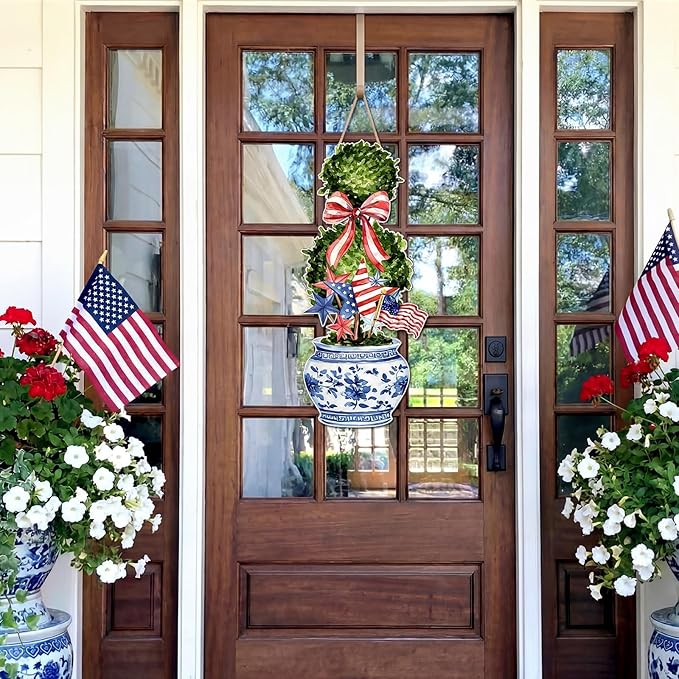 4th of July Large Size Chinoiserie Bonsai Door Hanger Patriotic Topiary Wooden Sign Front Door Home Wreath Red White and Blue Ornament for 250 Anniversary Independence Day Indoor Outdoor Yard Porch