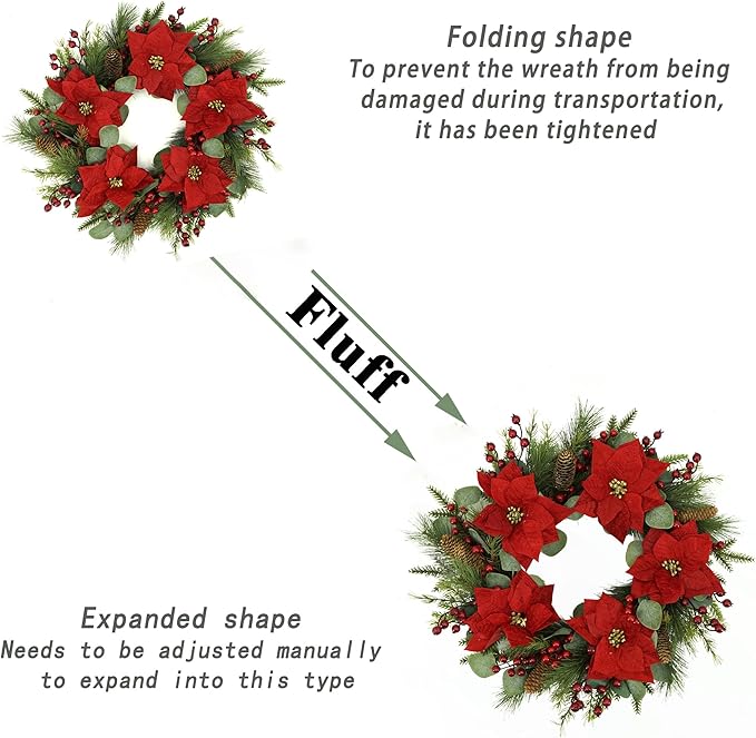 AMF0RESJ 20 inch Artificial Christmas Wreath Winter Wreath with Poinsettia,Eucalyptus Leaves,red Berry,Pine Cones,Pine Needles for Indoor Outdoor Farmhouse Home Wall Window Festival Wedding Decor