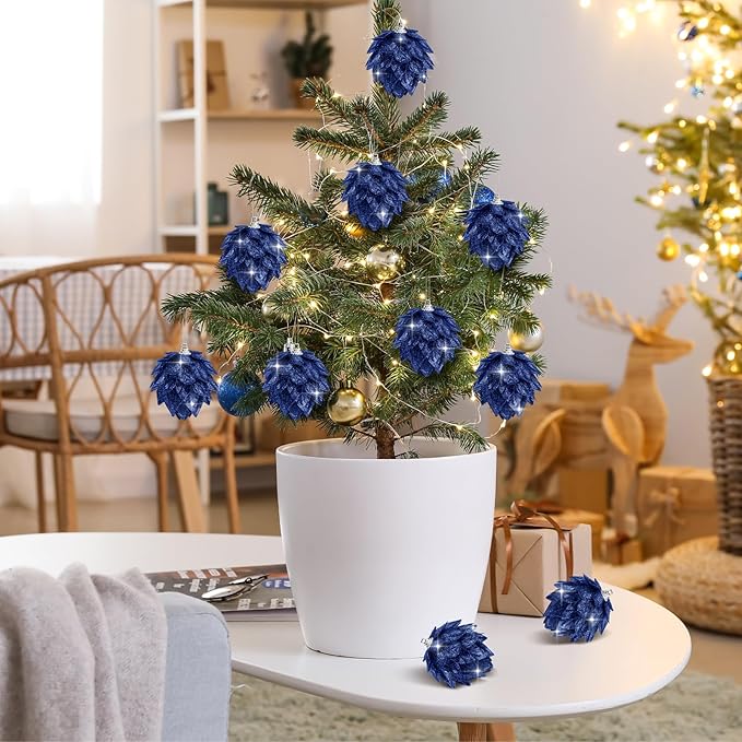 Jetec 8 Pieces Christmas Ornaments Glitter Christmas Tree Hanging Decoration Decorative Artificial Pine Cones Flowers Hanging Ornaments for Winter Wreath Holiday Decor(Navy Blue)