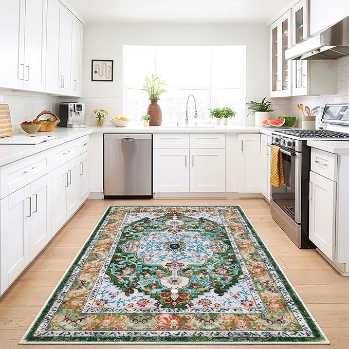 U'Artlines Boho Vintage Area Rug 4x6 Machine Washable Low Pile Soft Floor Carpet Non Slip Non Shedding Accent Rug for Living Room Bedroom Entryway Dining Room Office Green