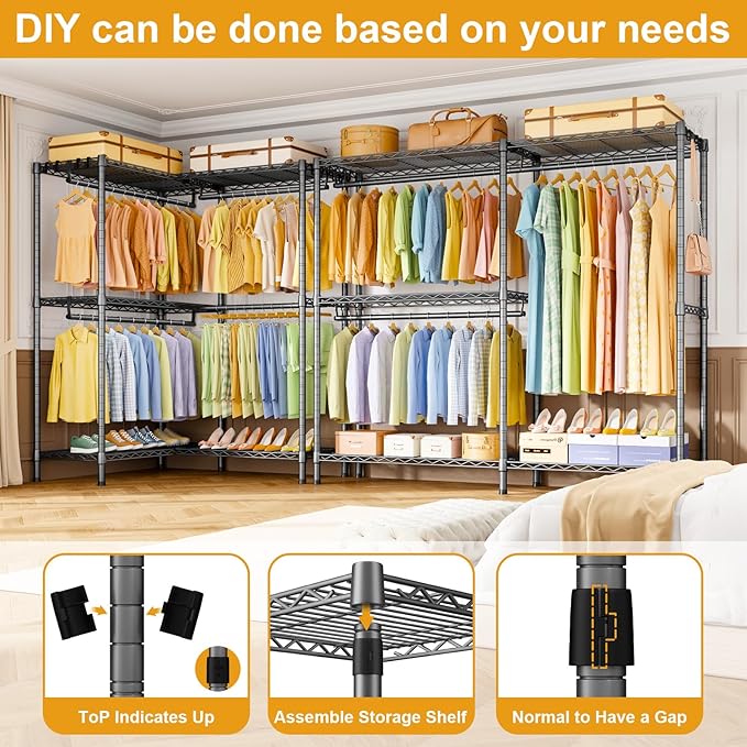 E15 Garment Rack L Shaped Clothes Rack for Corner，Freestanding Clothing Racks for Hanging Clothes，Heavy Duty Closet Organizer with 4 Hanging Rods & 8 S Hooks，43.4" W x 15.8" D x 78.4" H，Grey