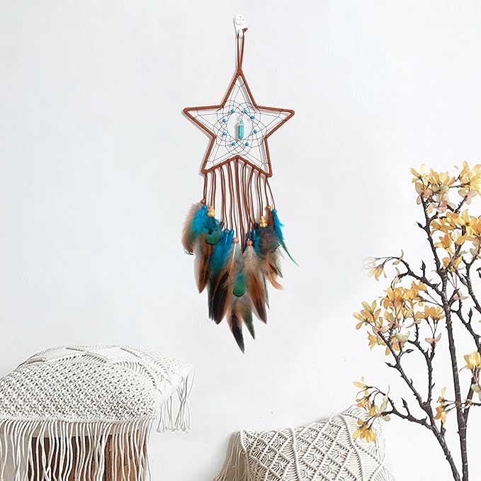 Dream Catcher Star Design Handmade Dreamcathers,Traditional Feather Dreamcatcher Hanging Home Wall Decoration Craft Ornament Native American Style Dream cathers, Brown