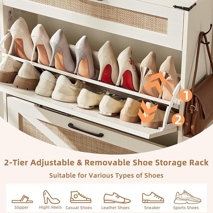 LEYAOYAO Shoe Storage Cabinet for Entryway with 2 Rattan Flip Drawers, Boho Narrow Shoe Cabinets for 16-20 Pairs Shoes with Large Drawers, Hidden Slim Shoe Rack with Wood Legs for Hallway, Off White