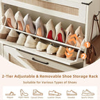 LEYAOYAO Shoe Storage Cabinet for Entryway with 2 Rattan Flip Drawers, Boho Narrow Shoe Cabinets for 16-20 Pairs Shoes with Large Drawers, Hidden Slim Shoe Rack with Wood Legs for Hallway, Off White