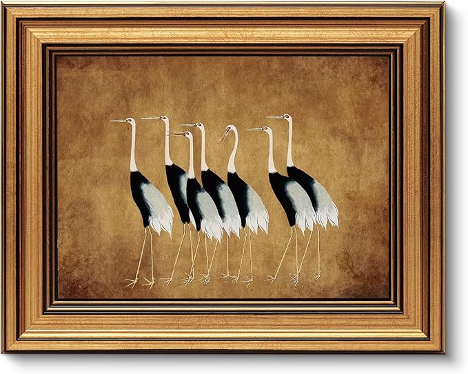 VIYYIEA Vintage Gold Framed Wall Art for Living Room, Cranes Canvas Prints Home Decor, Oil Painting Picture, Bedroom Wall Decor Gifts for Friends or Family -【Seven Cranes】-(10L x 8W)