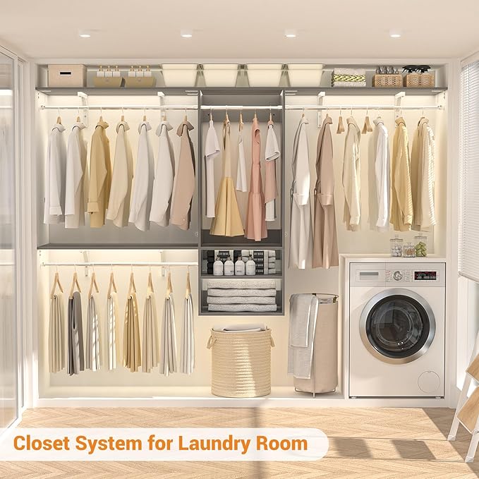 8FT Hanging Closet System, 96 Inch Closet Organizer System with Hanging Rod, Walk In Mounted Closet System, Built-In Clothes Garment Rack with 3 Shelving Towers(Can Be Cut To Fit), Grey