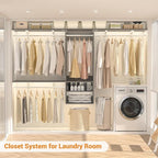 8FT Hanging Closet System, 96 Inch Closet Organizer System with Hanging Rod, Walk In Mounted Closet System, Built-In Clothes Garment Rack with 3 Shelving Towers(Can Be Cut To Fit), Grey