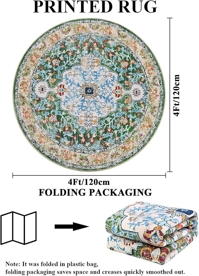 U'Artlines Boho Round Vintage Area Rug 4ft Machine Washable Low Pile Soft Floor Carpet Non Slip Non Shedding Accent Rug for Living Room Bedroom Entryway Dining Room Office Green