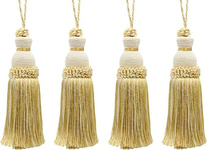 DÉCOPRO Beautiful Hand-Crafted 5" (12.5cm) Key Tassel, 3 1/2" (8.5cm) Loop # IKTJ, Ivory Beige Gold #2523 (Yellow Gold, White Ivory, Light Beige) Set of 4
