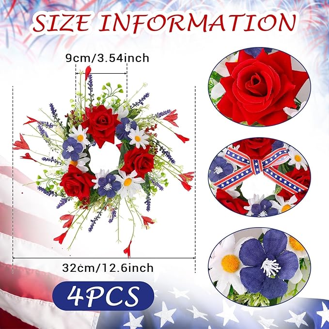 4 PCS Mini Patriotic American Cabinet Wreaths Small Red White and Blue Floral Wreath for Front Door with Ribbon Roses Daisy Forsythia July Independence Day Hanging Wreath for Porch Wall Window Decor