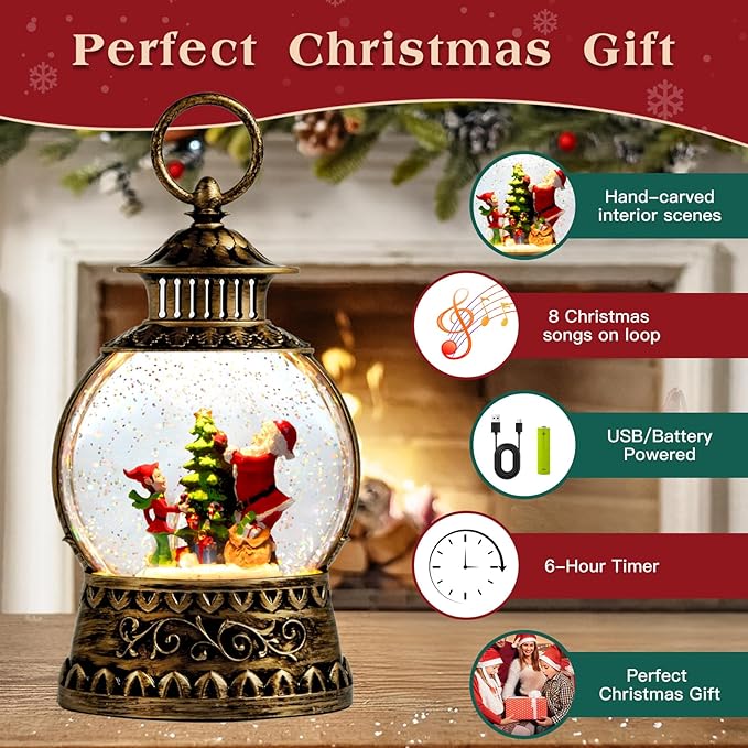 Christmas Santa Snow Globe, Christmas Musical Snow Globe Lantern Lights with 6H Timer Battery & USB Powered, Retro Style Holiday Glitter Globe for Xmas Home Decoration Holiday Party Gifts