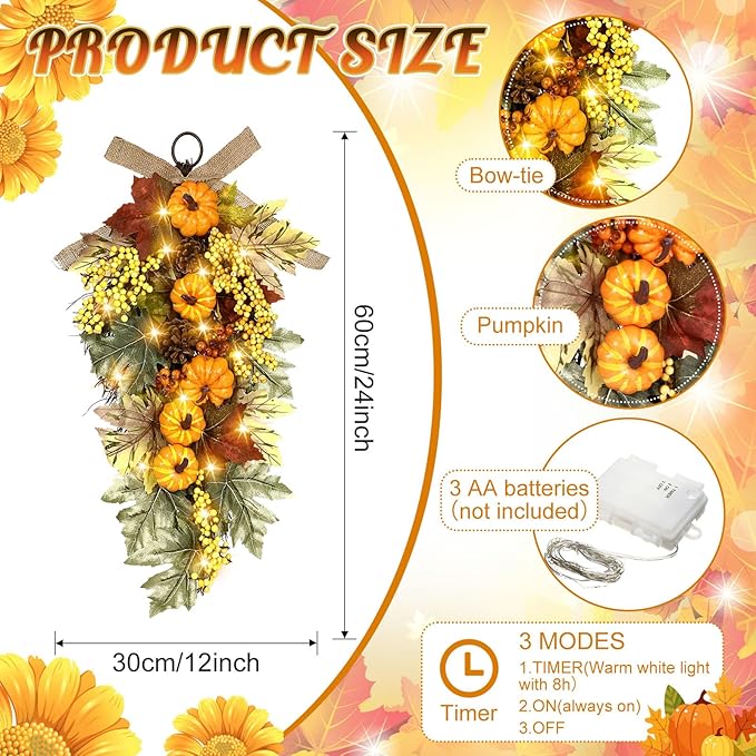Lyrow 4 Pcs Cordless Prelit Artificial Swags 24" Pumpkin Stairway Swag Teardrop Trim with Timer Christmas Staircase Decoration Battery Operated Garland for Indoor Outdoor Railing