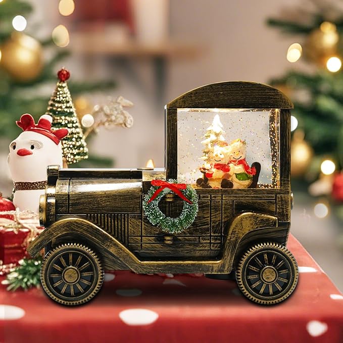 Christmas Snow Globe Lantern Truck Water Glittering Globe with Snowman 8 Music Songs Christmas Snow Globes USB & Battery Operated for Christmas Festival Decorations Gifts (Truck-Snowman)