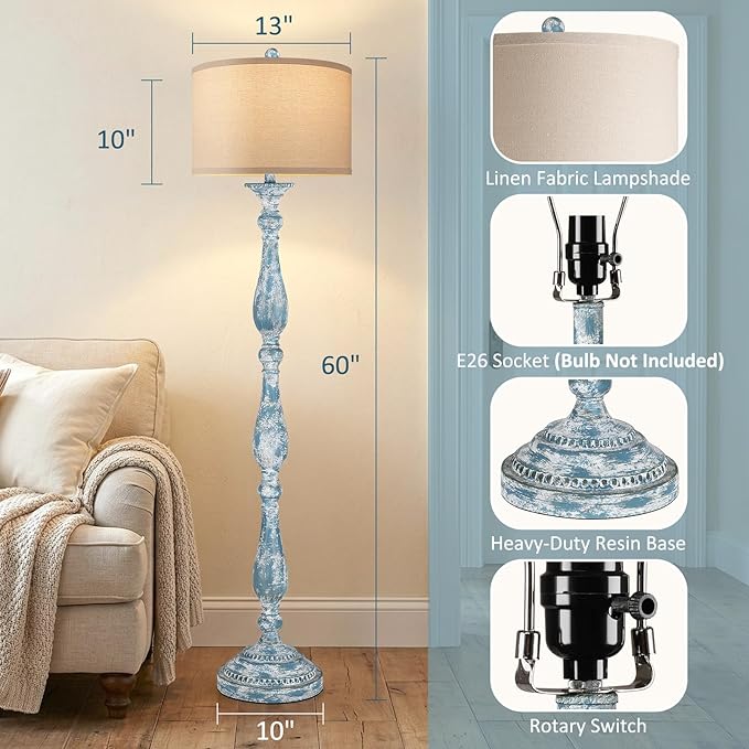PARTPHONER Vintage Floor Lamp for Living Room, Rustic Farmhouse Standing Lamp with Rotary Switch and Linen Shade, Retro Resin Floor Lamp for Bedroom, Corner, Dining Room, House Decor, Wash Blue