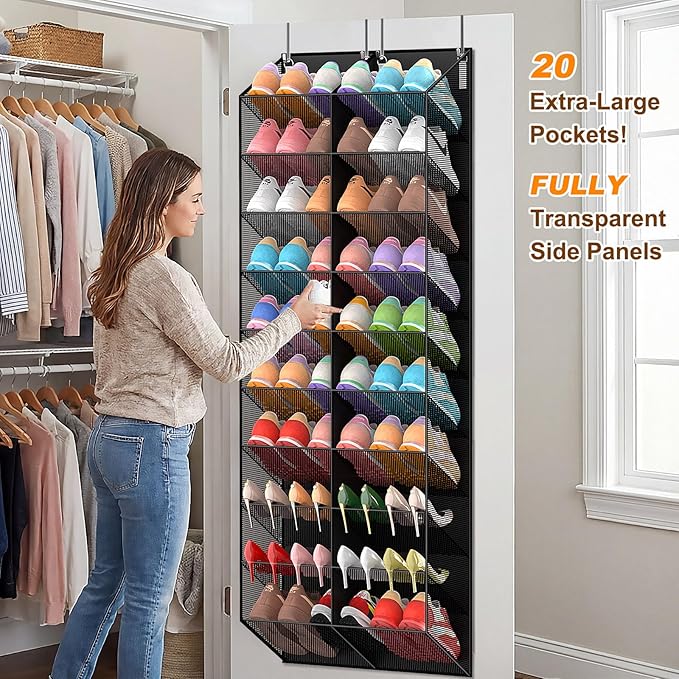30 Pairs Over the Door Shoe Organizer, Breathable Mesh Pocket Hanging Shoe Storage for Closet, 10-Tier Door Shoes Rack, Handing Shoes Holder Fit All the Family's Sneakers, Boots, Heels, Black