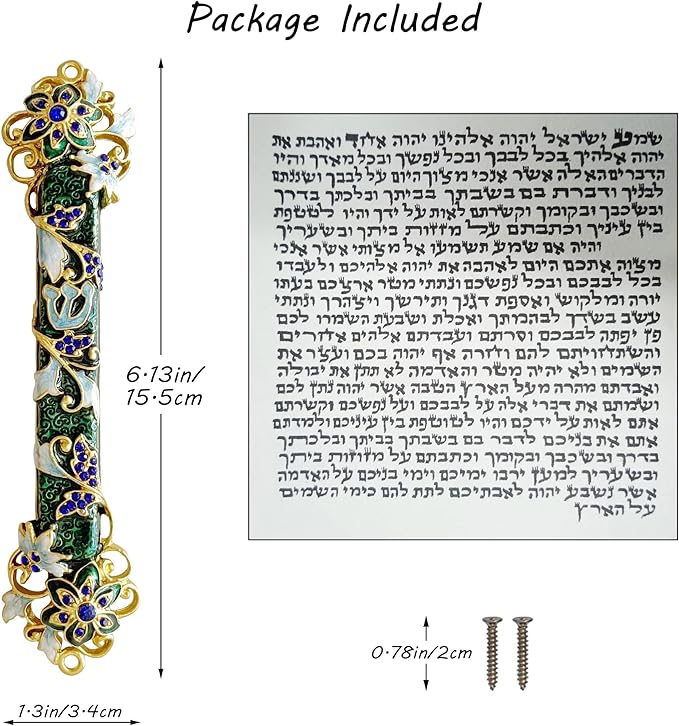 Hand Painted Mezuzah, Exquisite Enamel Mezuzah with Blue Crystal Accent