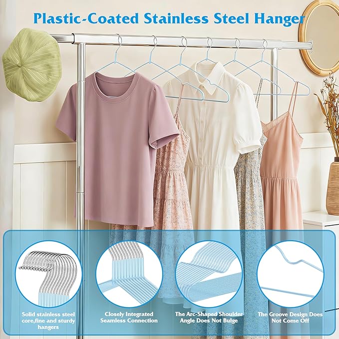 150 Pack Clothes Hangers,Non Slip Blue Plastic Coated Metal Coat Hanger for Closet,Sturdy Thin Hangers Bulk Space Saving Hangers for Pants,Skirt,Shirt,Dress,Tie