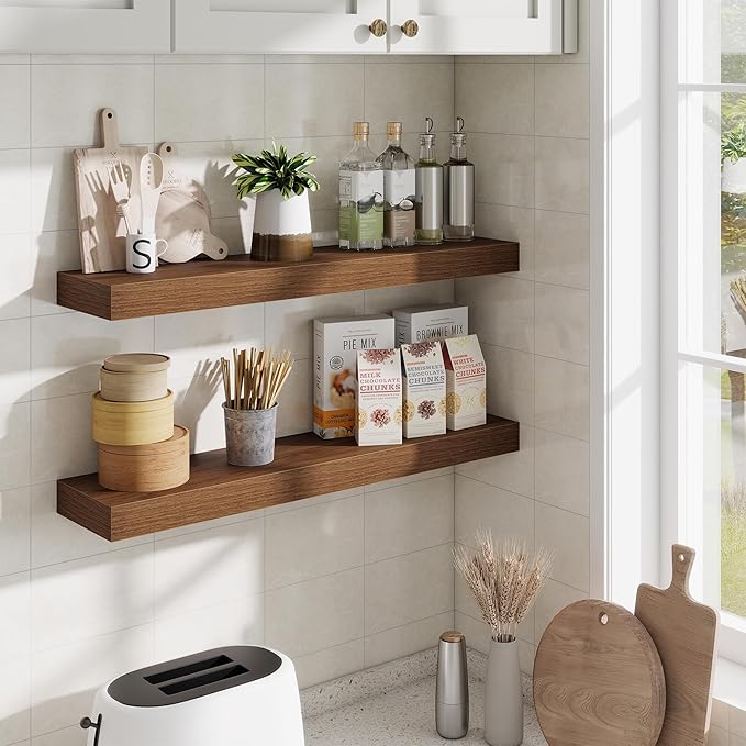 Fun Memories Floating Shelves 30 Inch, Wall Mounted Wood Shelf Set of 2, Farmhouse Decor for Bathroom, Bedroom, Kitchen, Living Room, Walnut
